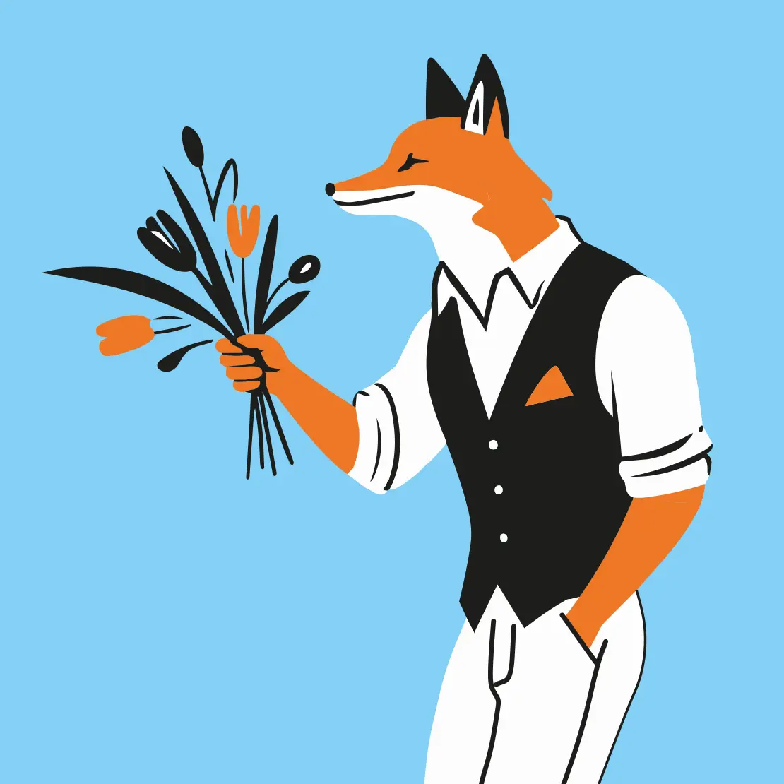 Illustrierter Fuchs überreicht einen Blumenstrauss.