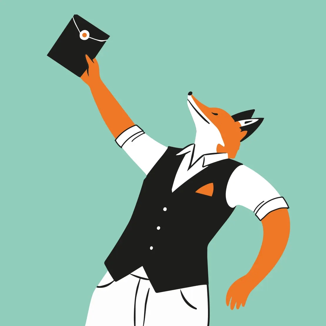 Illustrierter Fuchs mit schwarzer Veste und weisser Hose.