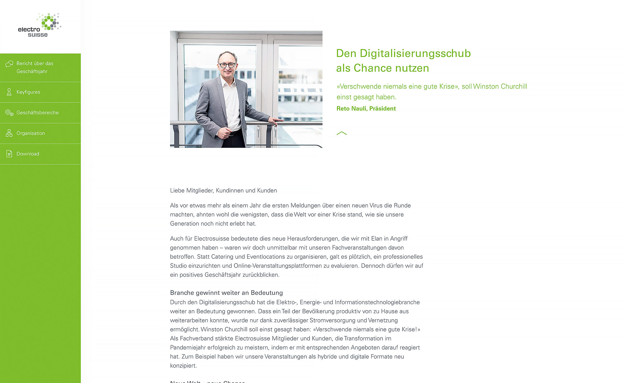 Digitalisierungs­schub - Website Screenshot, Electrosuisse Digitaler Geschäftsbericht