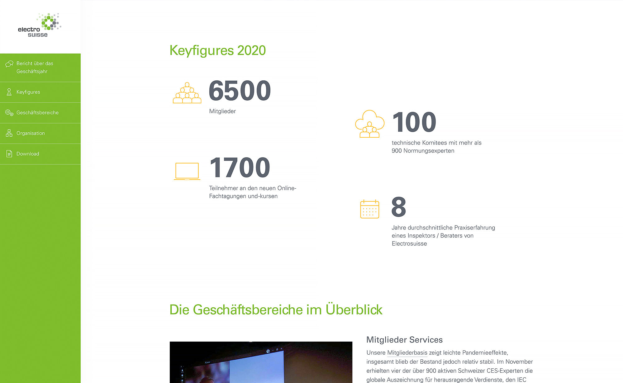 Keyfigures - Website Screenshot, Electrosuisse Digitaler Geschäftsbericht