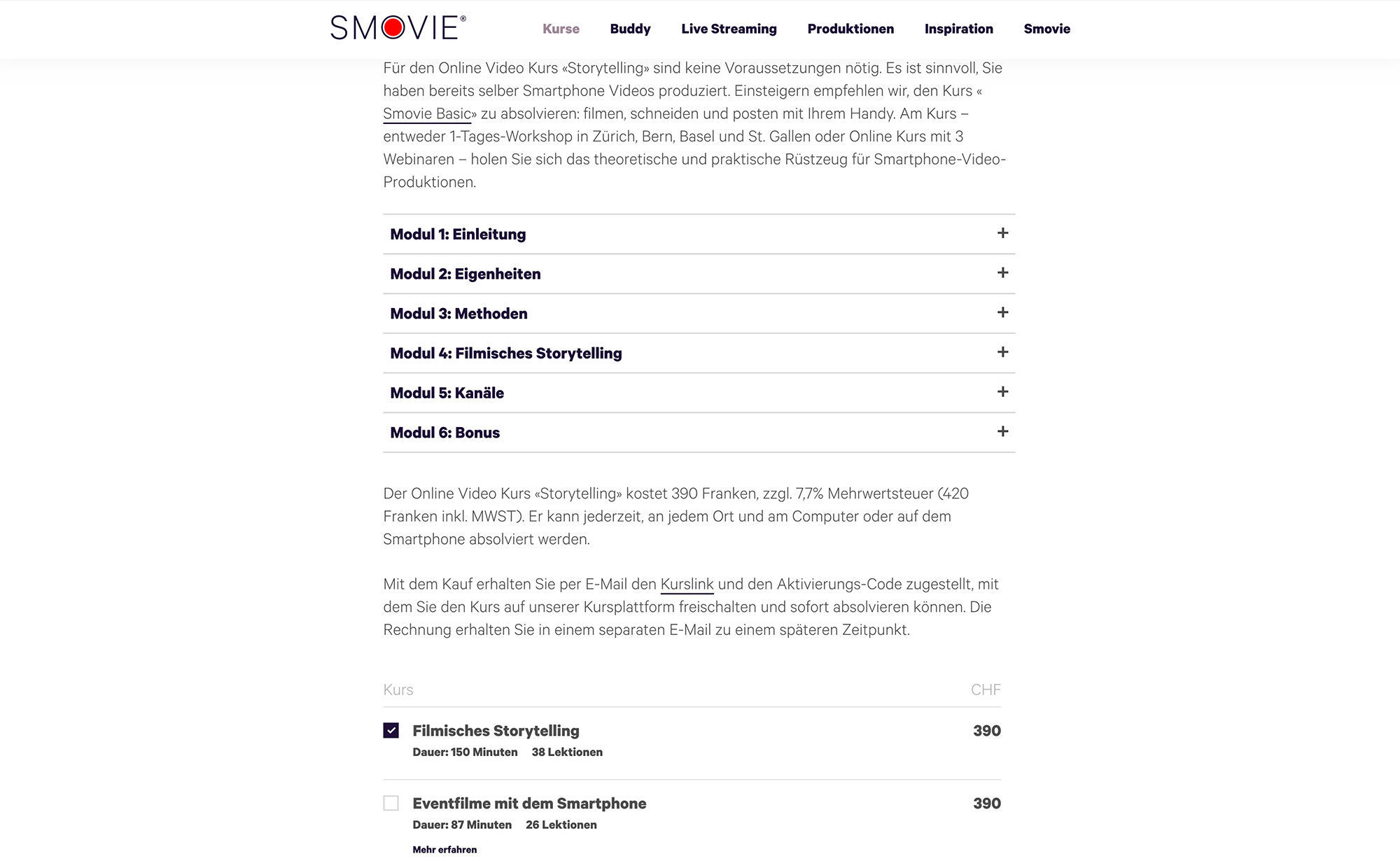 Kursdetails, Screenshot Website - Smovie Film GmbH, smovie.ch
