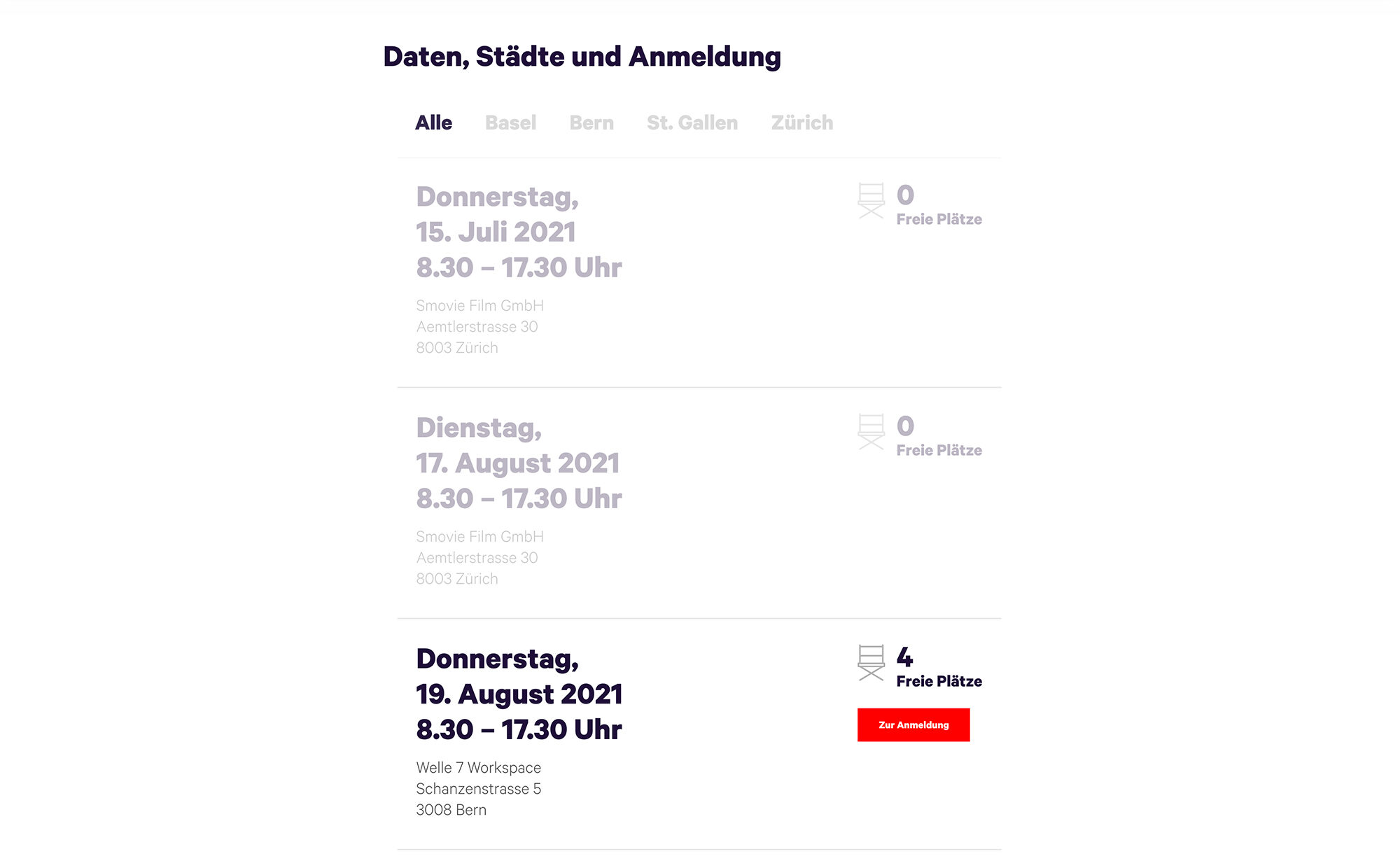 Kurs-Angebote, Screenshot Website - Smovie Film GmbH, smovie.ch