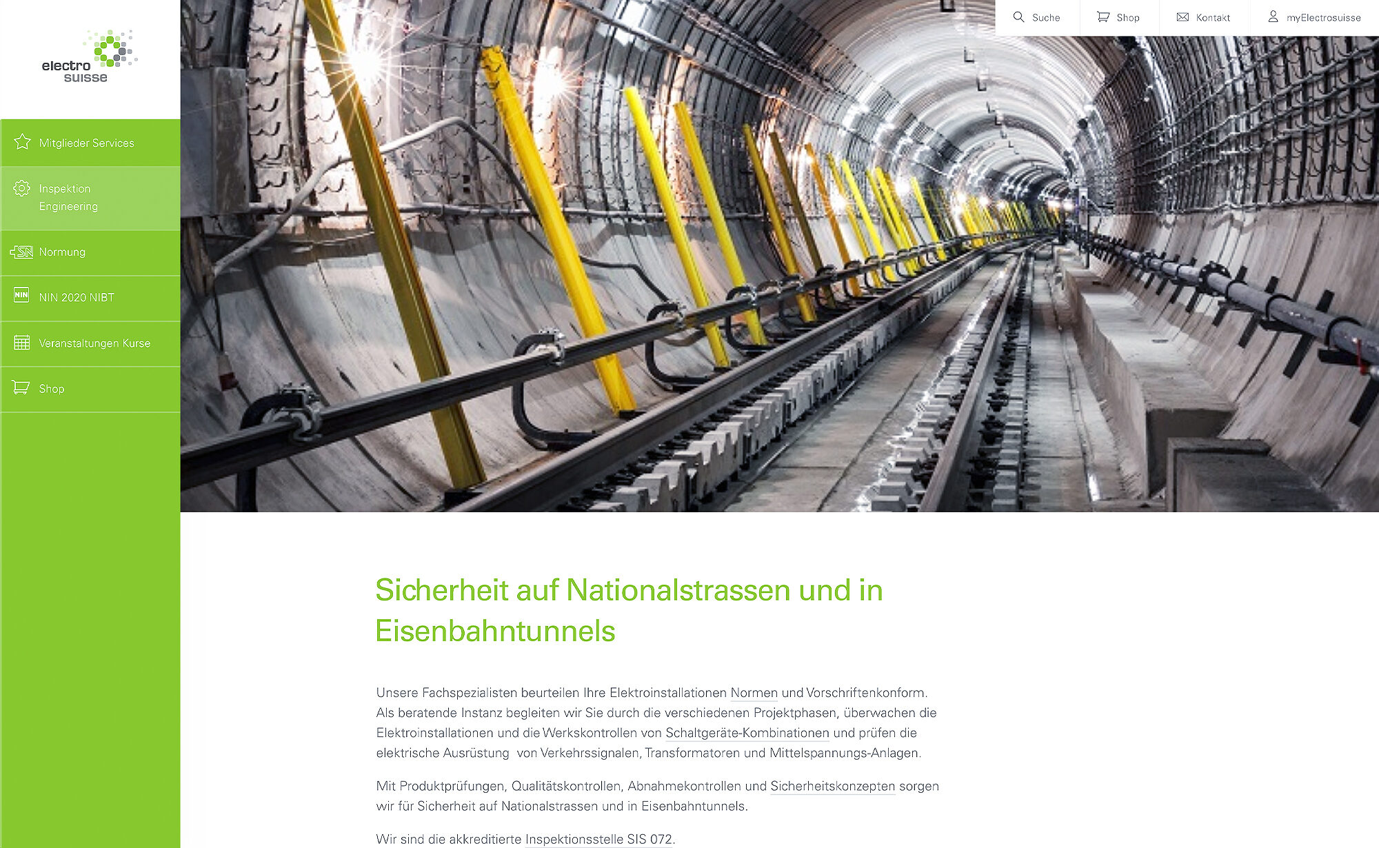 Sicherheit auf Nationalstrassen und eisenbahntunnels - Electrosuisse Website Screenshot