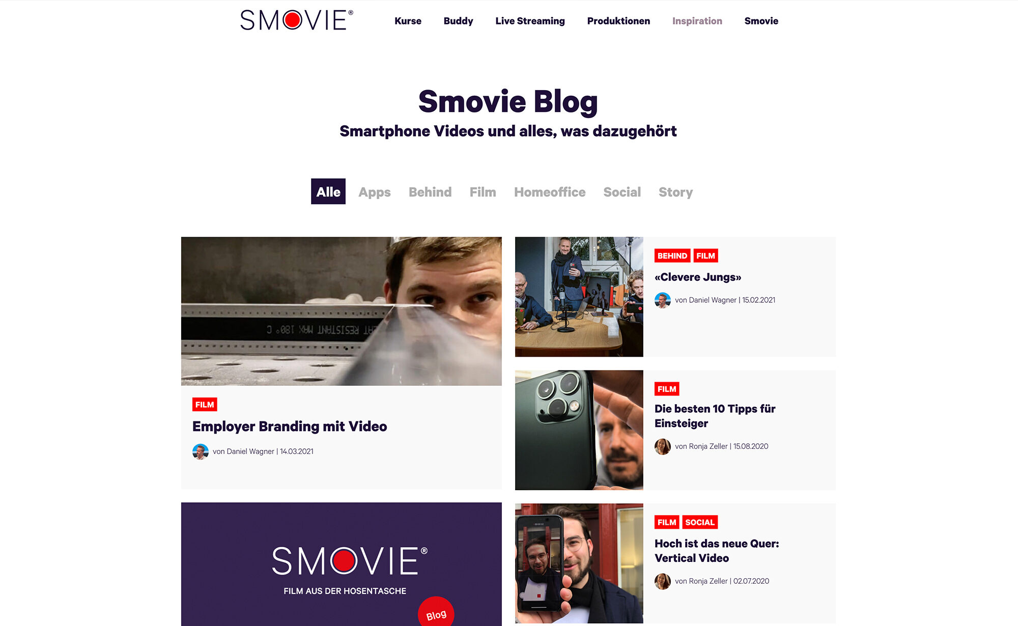 Blog Übersicht, Screenshot Website - Smovie Film GmbH, smovie.ch